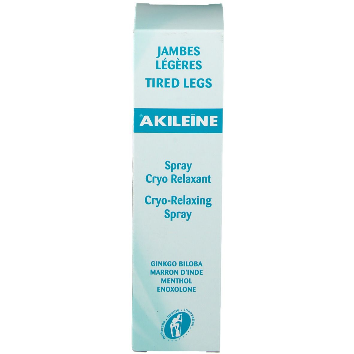 Karton mit Aufschrift: „AKILEINE“. Text: „SPRAY CRYO RELAXANT“ und weitere Texte. Farbe: Weiß und Türkis.