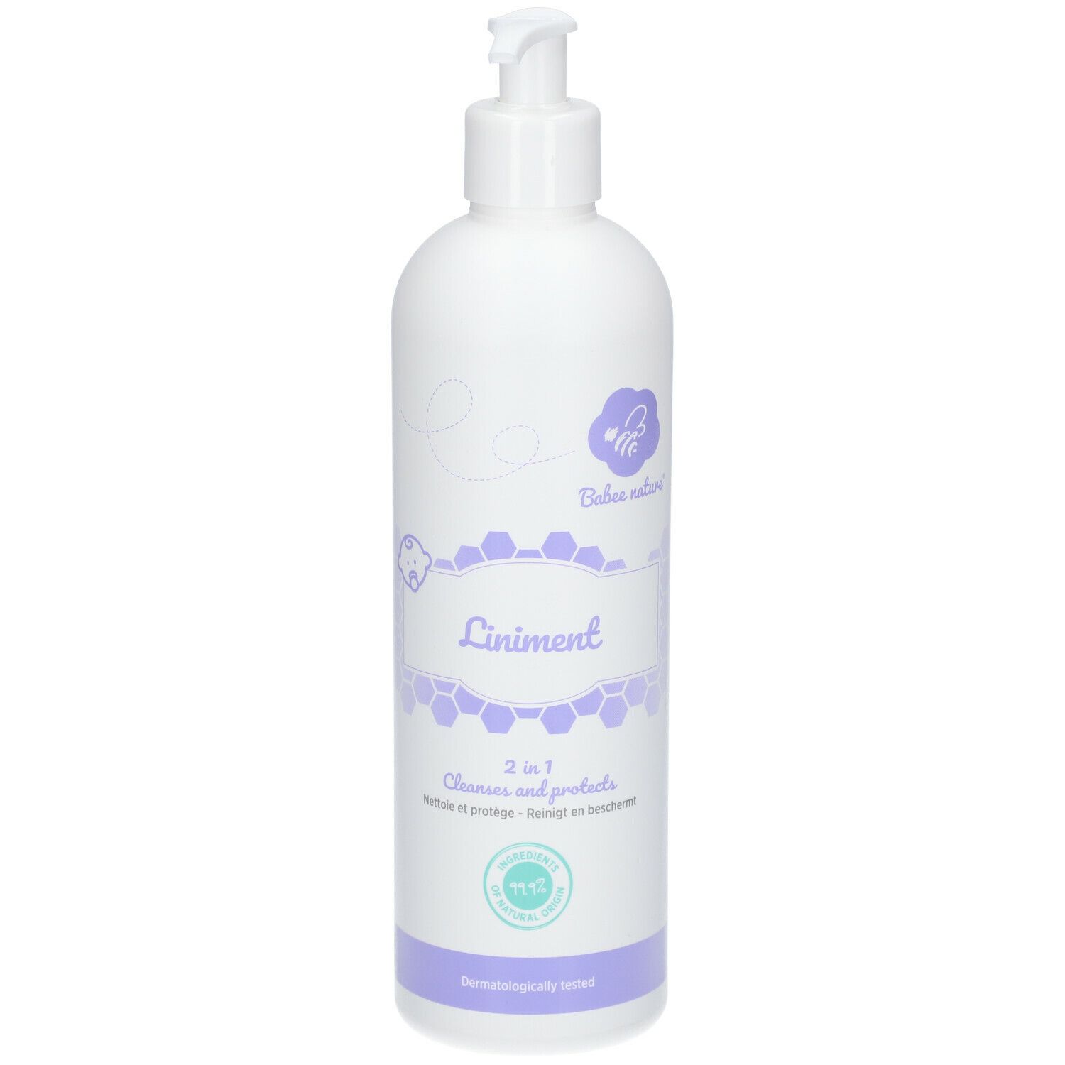 Flacon blanc avec pompe. Inscription: Liniment, 2 en 1, Babee nature. Étiquette violette avec motif en nid d'abeilles. Testé dermatologiquement.
