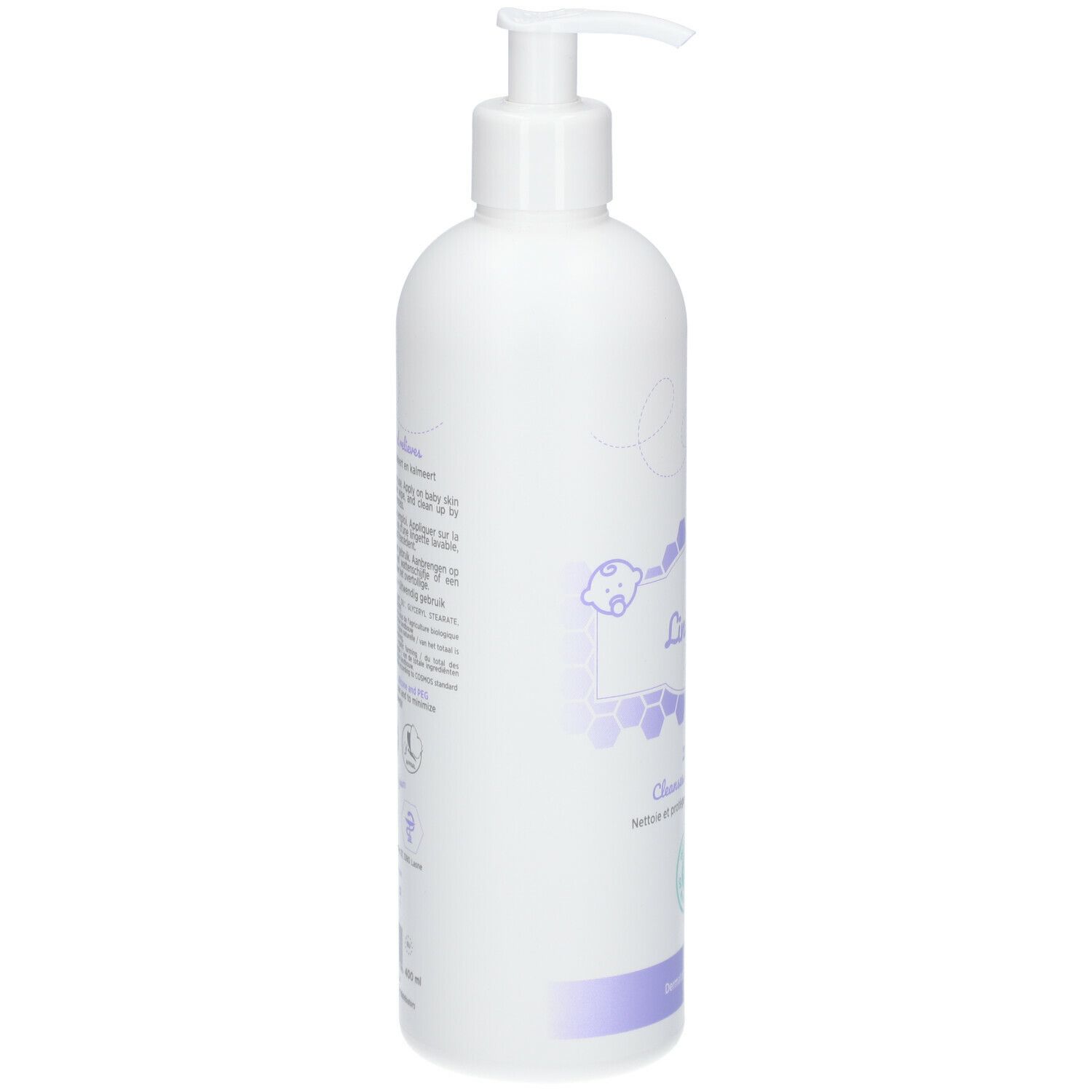 Flacon blanc avec pompe. Texte et logos sur le côté. Inscription: Babee nature. Étiquette violette. Testé dermatologiquement.