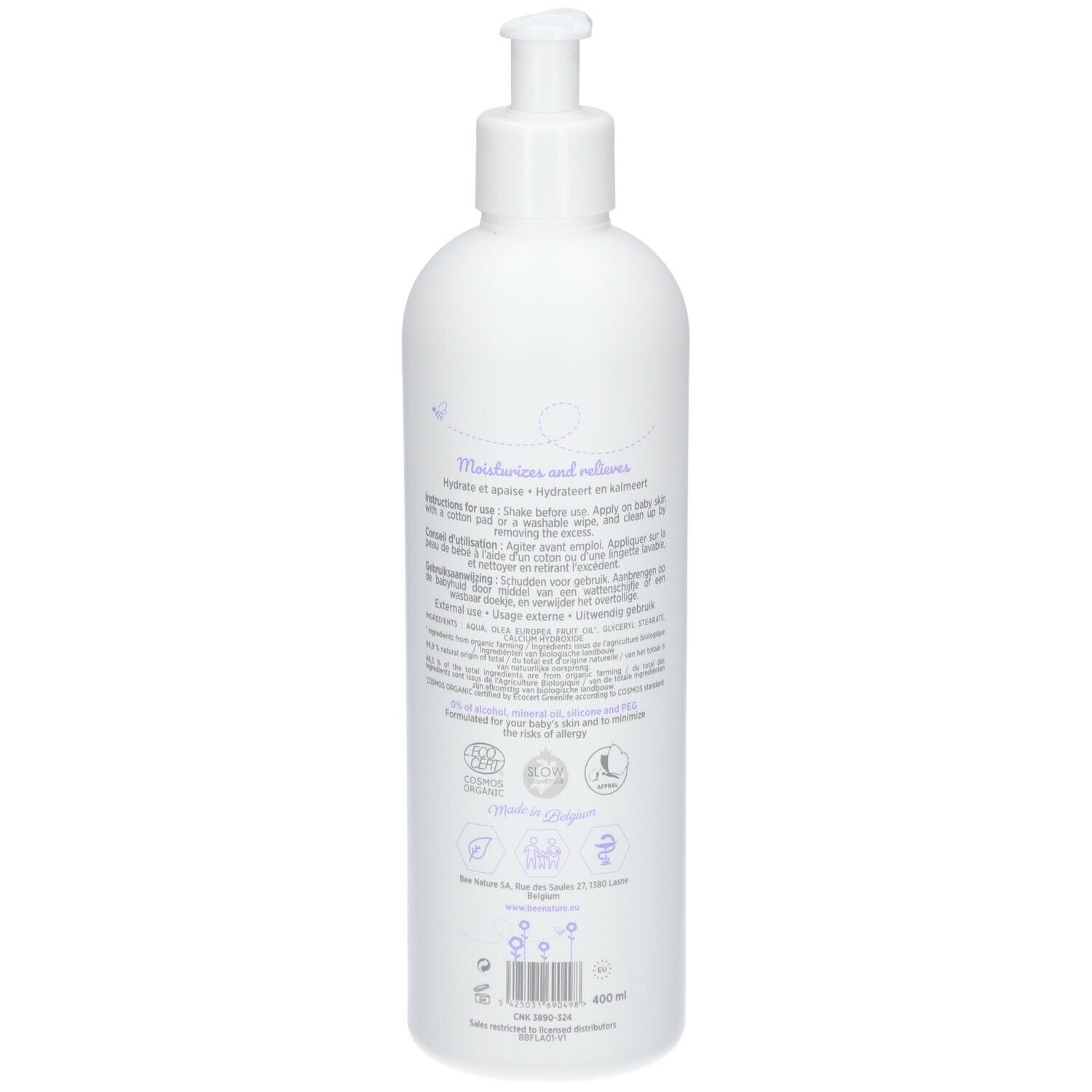 Flacon blanc avec pompe. Dos avec texte. Inscription: Moisturizes and relives. Logos et certifications. Made in Belgium.
