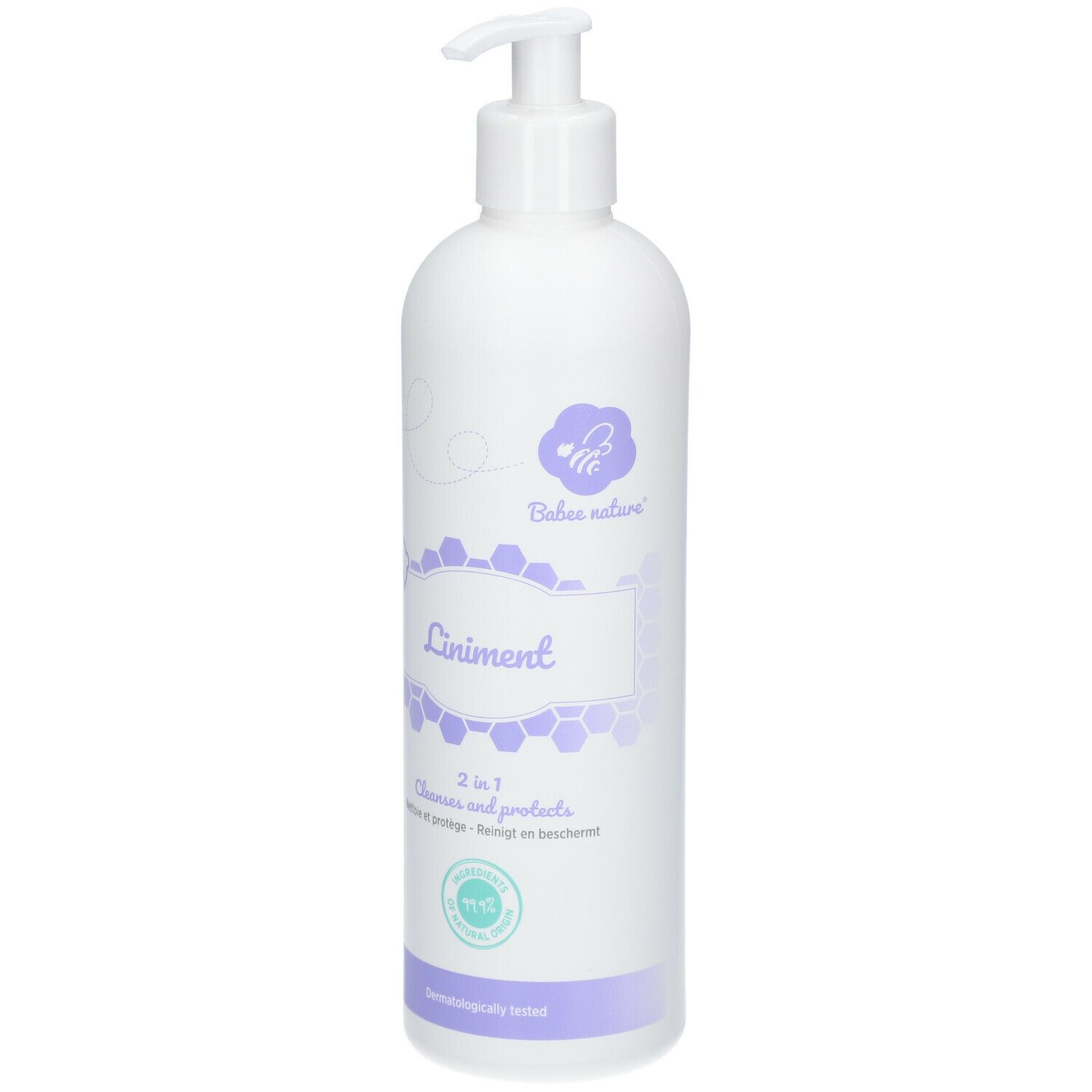 Flacon blanc avec pompe. Inscription: Liniment, 2 en 1, Babee nature. Étiquette violette avec motif en nid d'abeilles. Testé dermatologiquement.