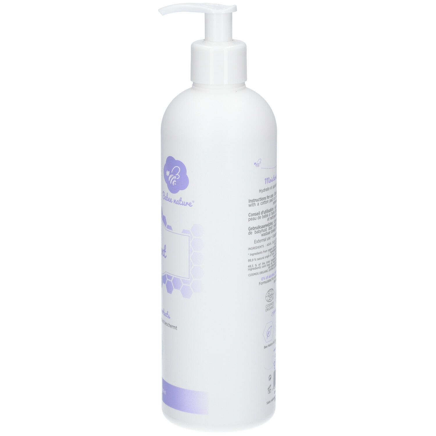 Flacon blanc avec pompe. Texte et logos sur le côté. Inscription: Babee nature. Étiquette violette. Testé dermatologiquement.