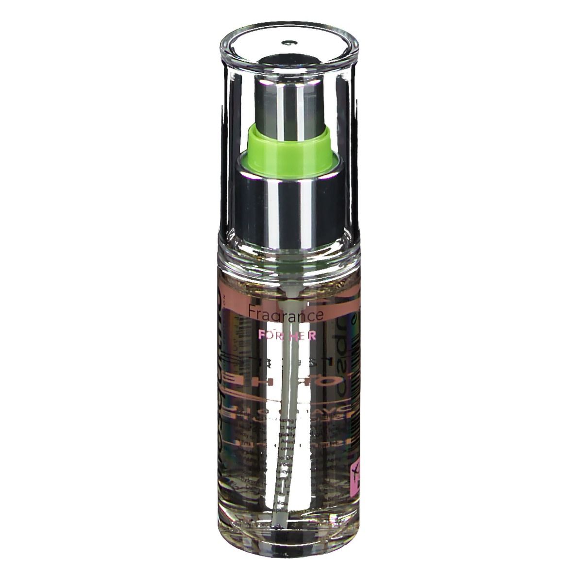 Klarer Flakon mit Sprühkopf. Rosa Etikett mit Text: Fragrance for her. Luxus-Pflege 2 in 1.