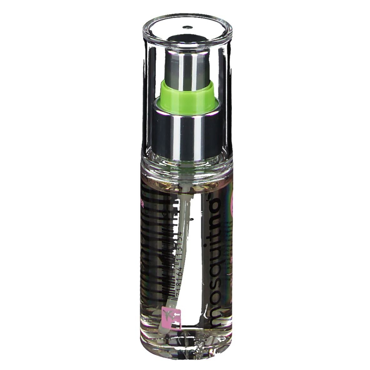 Klarer Flakon mit Sprühkopf. Text: mosquitno. Rosa Etikett mit Text. Luxus-Pflege 2 in 1. Für sie.