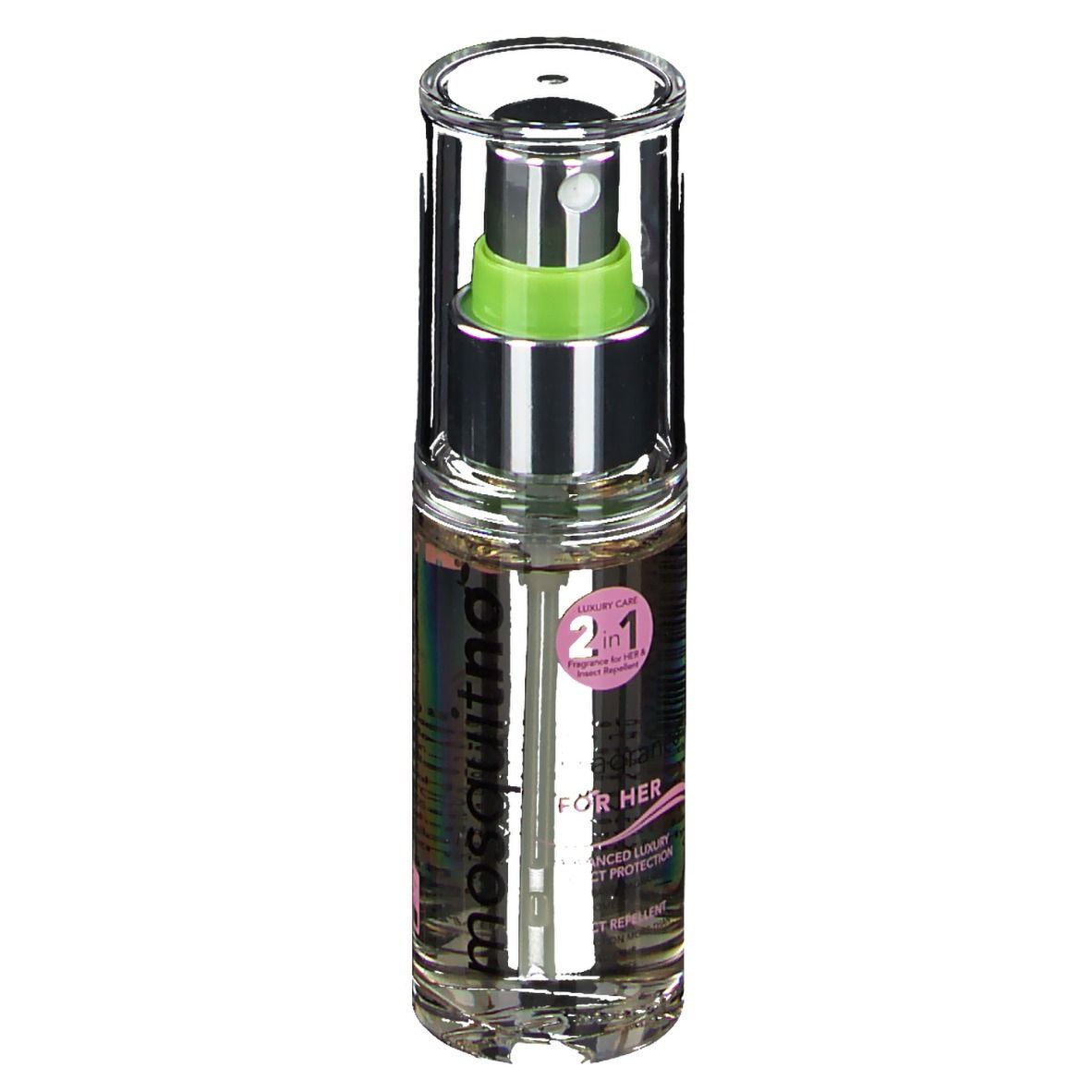 Klarer Flakon mit Sprühkopf. Text: mosquitno. Rosa Etikett mit Text. Luxus-Pflege 2 in 1. Für sie.