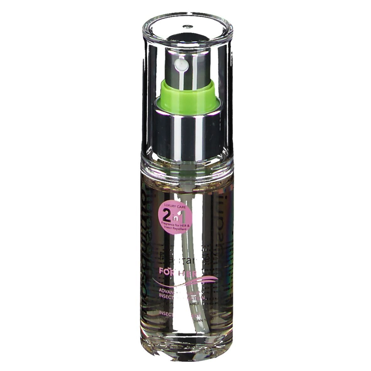 Klarer Flakon mit Sprühkopf. Text: mosquitno. Rosa Etikett mit Text. Luxus-Pflege 2 in 1. Für sie.