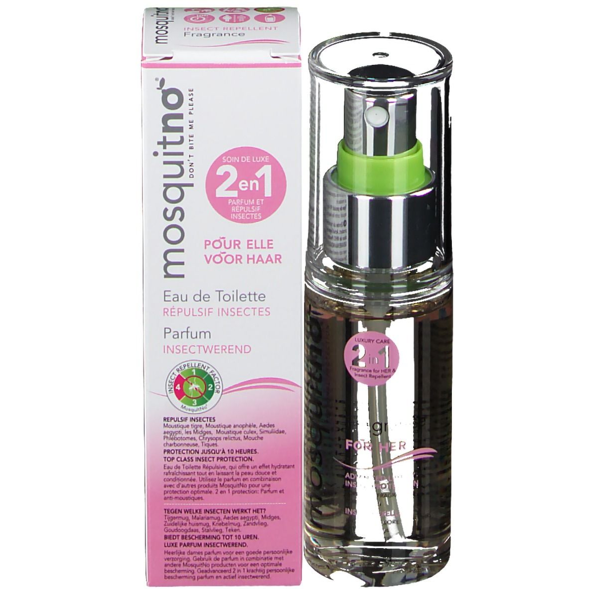 Produktflakon und Verpackung. Flakon mit Sprühkopf. Verpackung mit Text: mosquitno, 2 in 1, Pour elle.