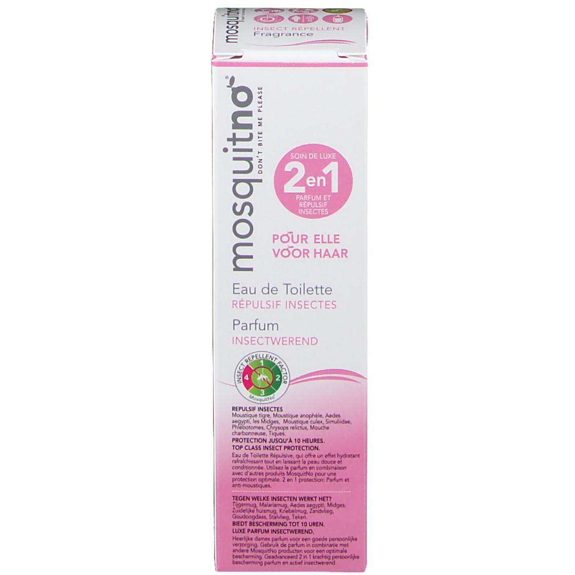 Produktverpackung. Text: mosquitno, 2 in 1, Pour elle, Eau de Toilette, Repulsif Insectes, Parfum.