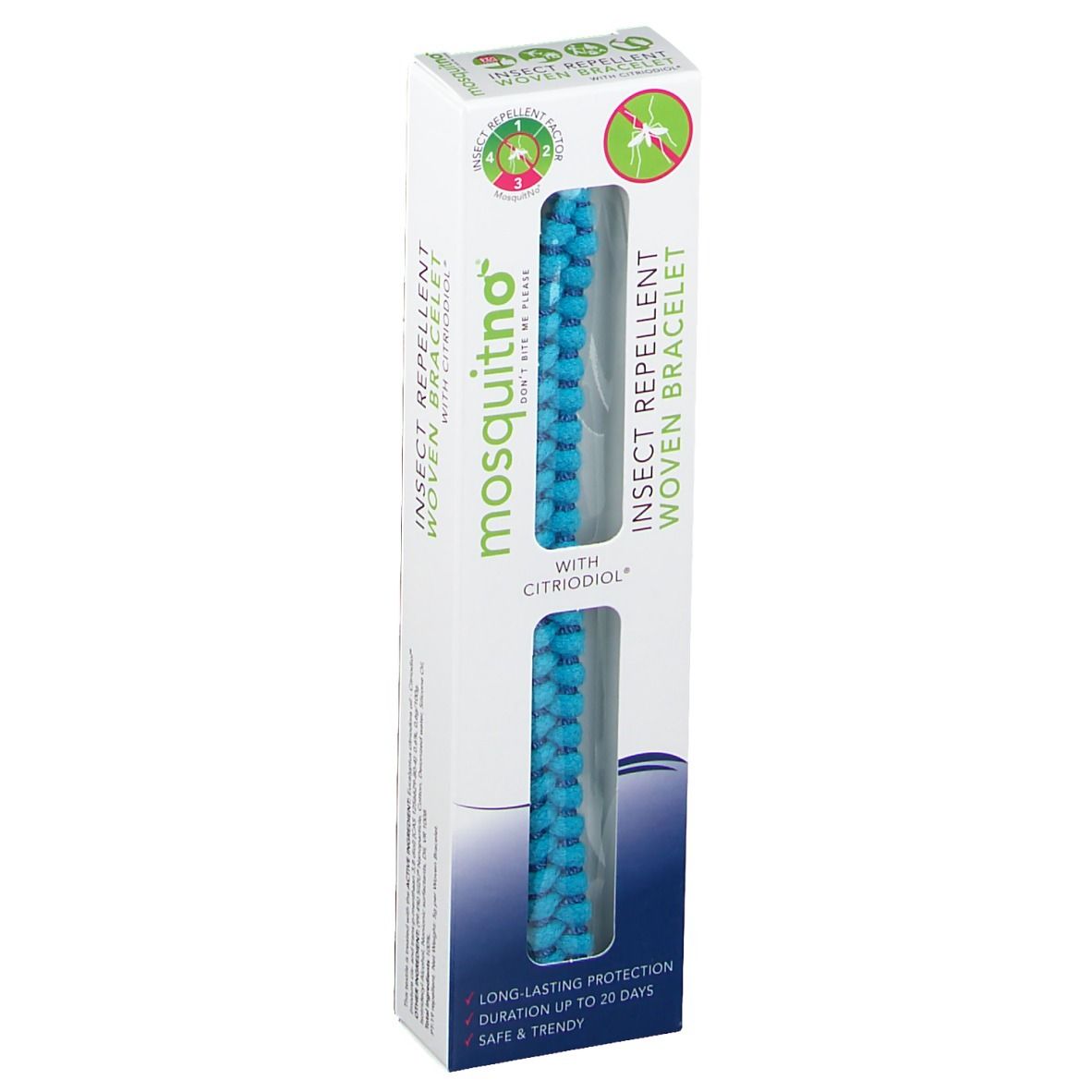 Emballage avec bracelet tressé bleu. Texte: mosquitno, bracelet anti-insectes avec Citrodiol. Protection jusqu'à 20 jours.