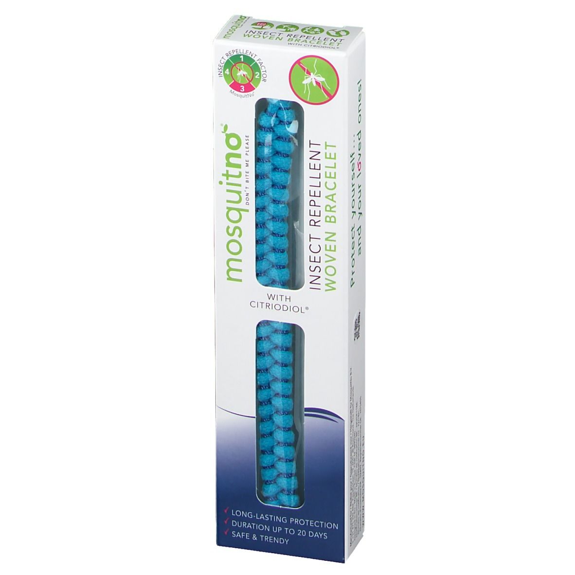 Emballage avec bracelet tressé bleu. Texte: mosquitno, bracelet anti-insectes avec Citrodiol. Protection jusqu'à 20 jours.