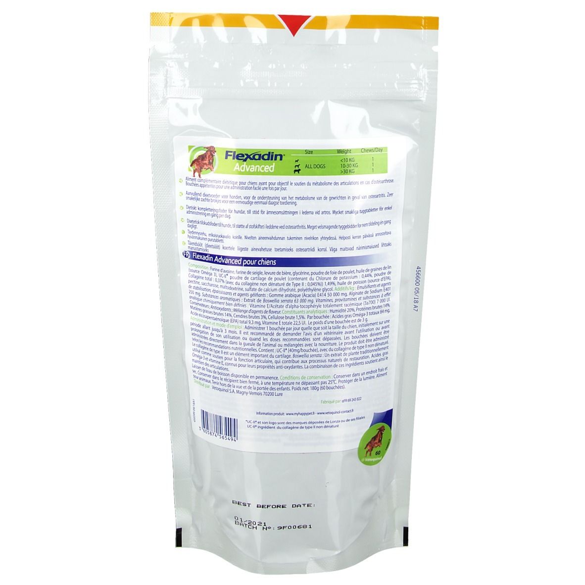 Rückseite des Flexadin Advanced Beutels. Enthält Informationen zu Inhaltsstoffen und Anwendung.