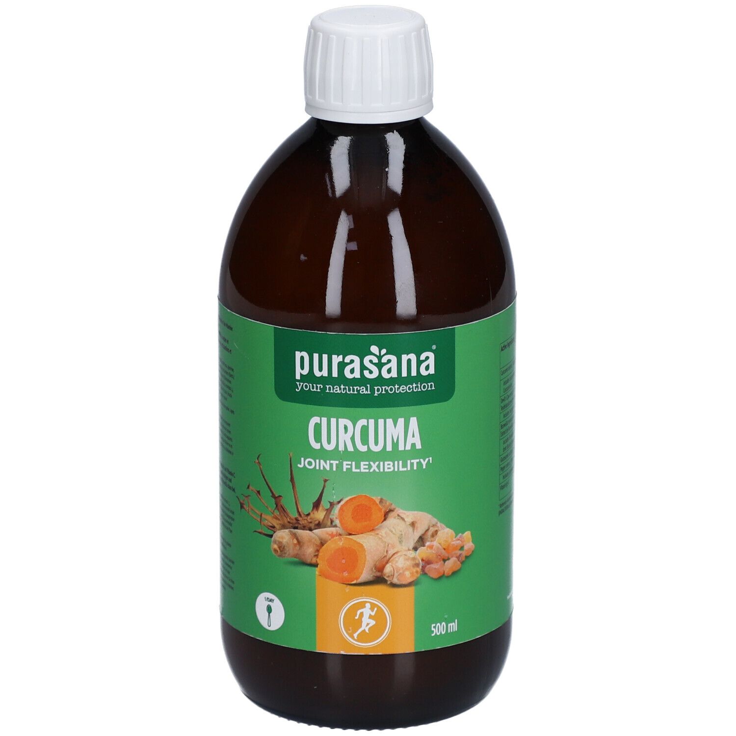 Braune Flasche mit weißem Deckel. Aufkleber mit Produktnamen und Abbildung von Kurkuma-Wurzeln. 500 ml.