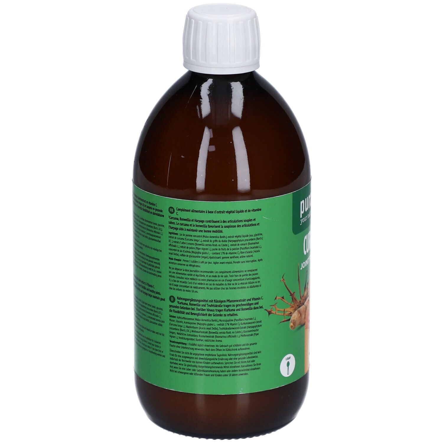 Braune Flasche mit weißem Deckel. Grüne Etikett mit Text. Rückseite mit Produktinformationen.