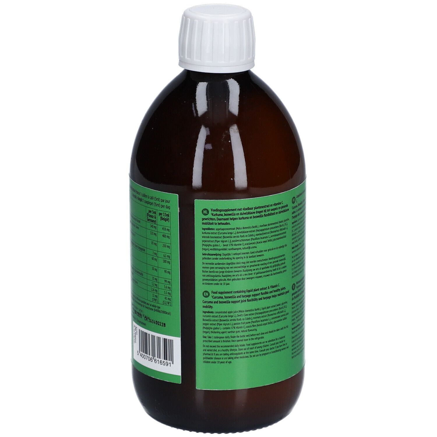 Braune Flasche mit weißem Deckel. Grüne Etikett mit Text. Rückseite mit Produktinformationen.