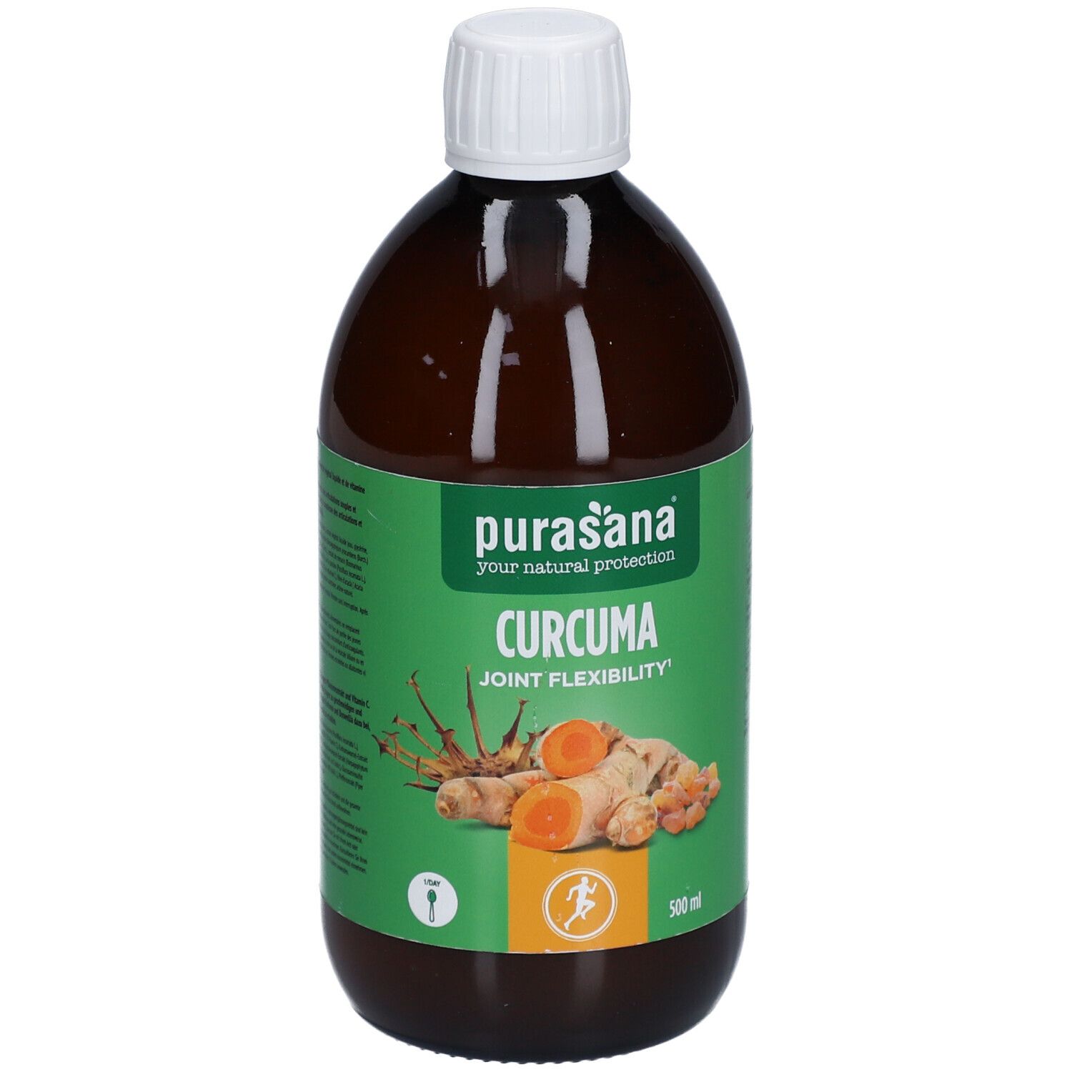 Braune Flasche mit weißem Deckel. Aufkleber mit Produktnamen und Abbildung von Kurkuma-Wurzeln. 500 ml.