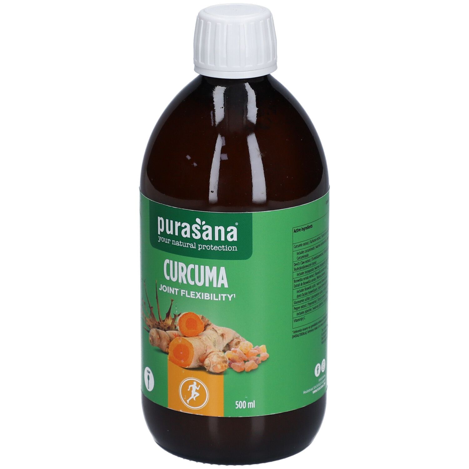 Braune Flasche mit weißem Deckel. Aufkleber mit Produktnamen und Abbildung von Kurkuma-Wurzeln. 500 ml.