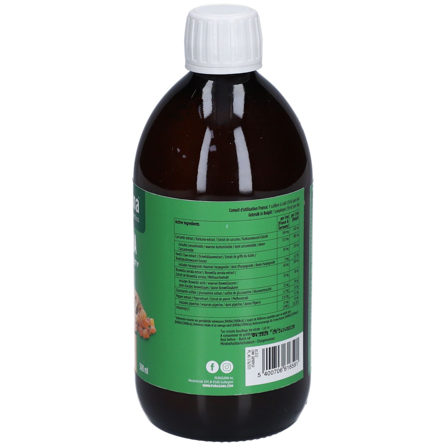 Braune Flasche mit weißem Deckel. Grüne Etikett mit Text. Rückseite mit Produktinformationen.