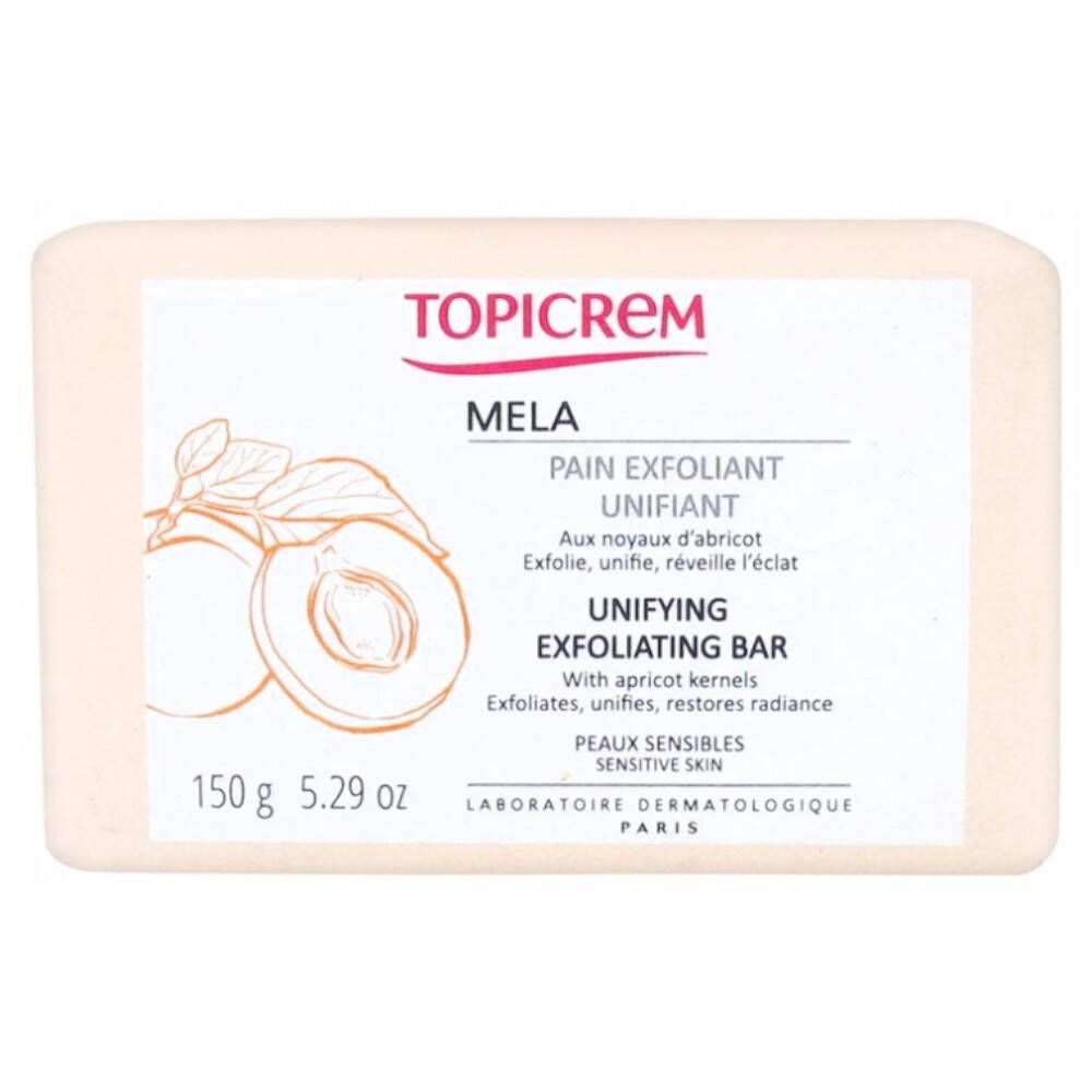 Pain exfoliant TOPICREM. Savon rectangulaire avec texte. Contient des noyaux d'abricot. "Unifying Exfoliating Bar".