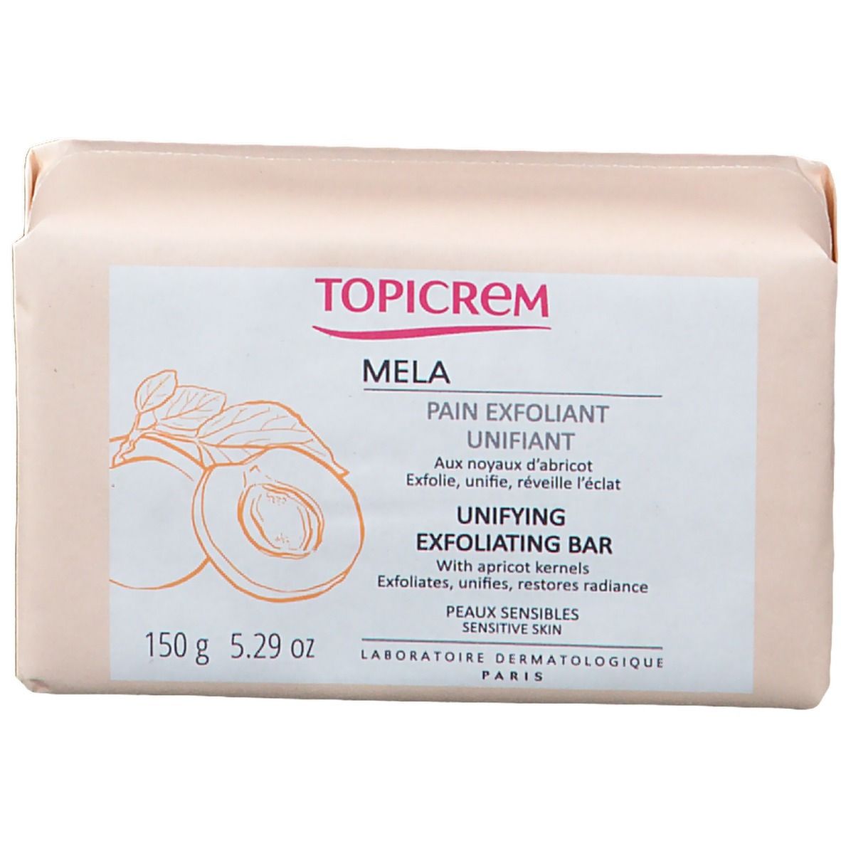 Pain exfoliant TOPICREM emballé. Savon rectangulaire avec texte. Contient des noyaux d'abricot. "Unifying Exfoliating Bar".