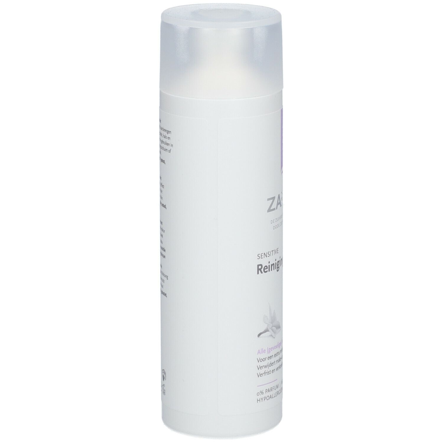 ZARQA Sensitive Reinigungstonic. Flacon blanc avec bouchon transparent. Vue latérale. Texte illisible.