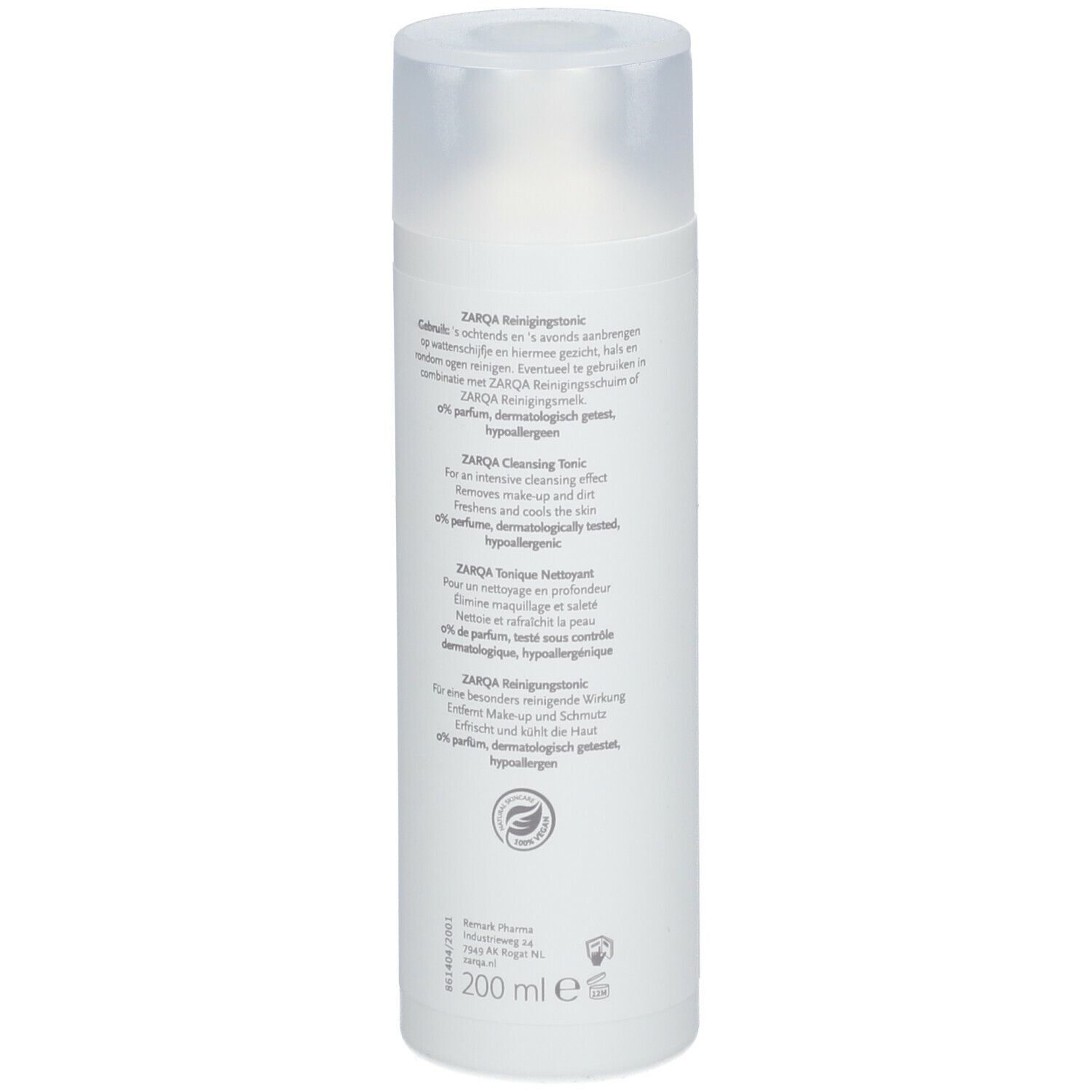 ZARQA Sensitive Reinigungstonic. Flacon blanc avec bouchon transparent. Dos avec texte. 200 ml.
