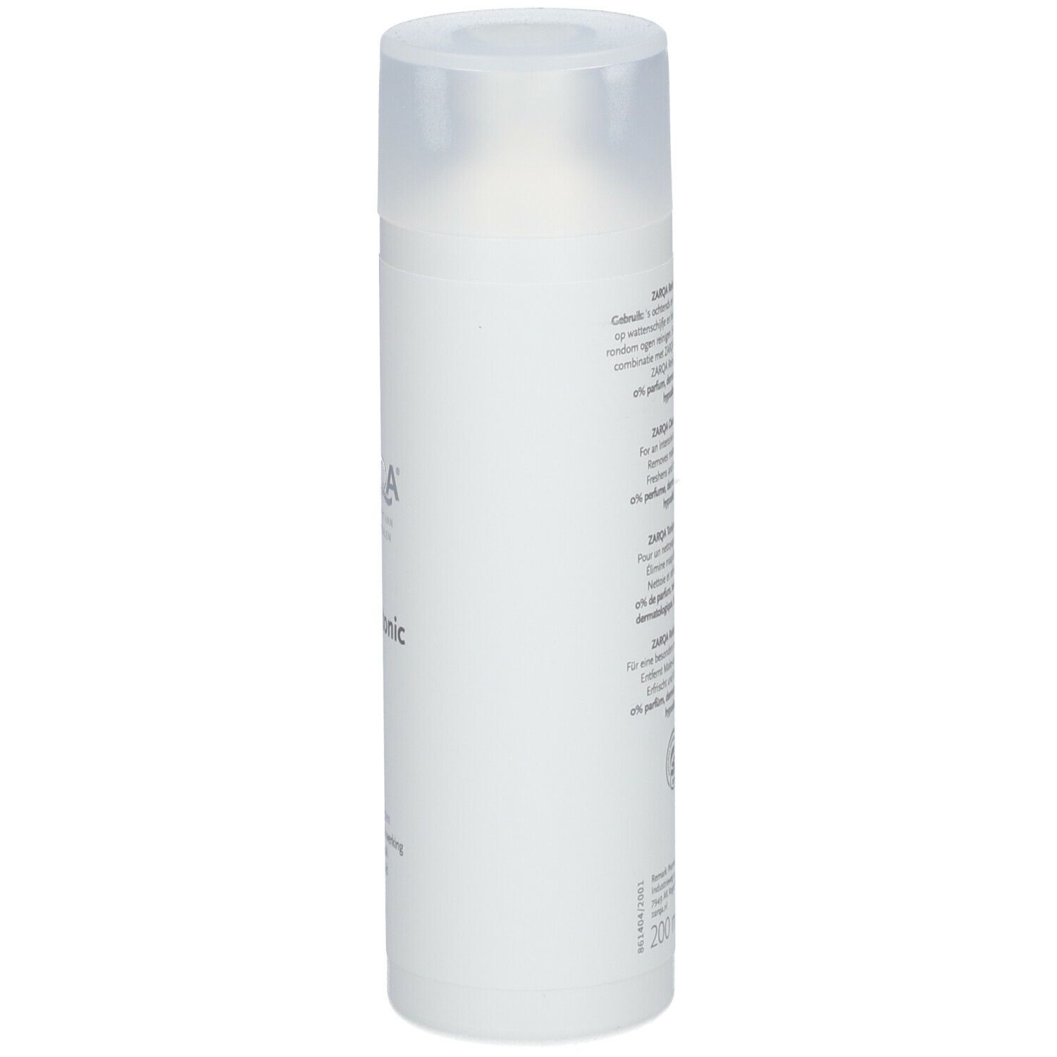 ZARQA Sensitive Reinigungstonic. Flacon blanc avec bouchon transparent. Vue latérale. Texte illisible.