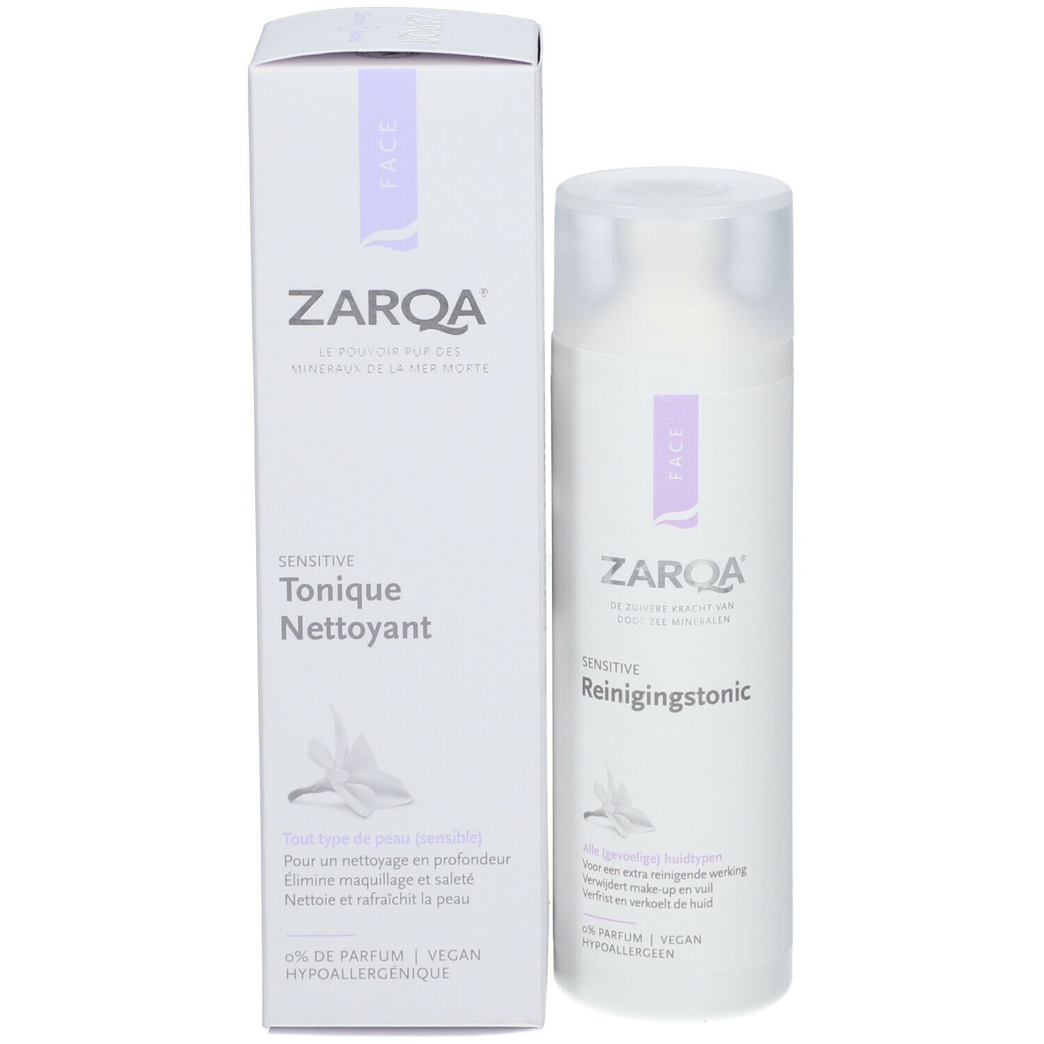 ZARQA Sensitive Reinigungstonic et emballage. Flacon et boîte blancs. Texte: Sensitive, Tonique Nettoyant, Face.