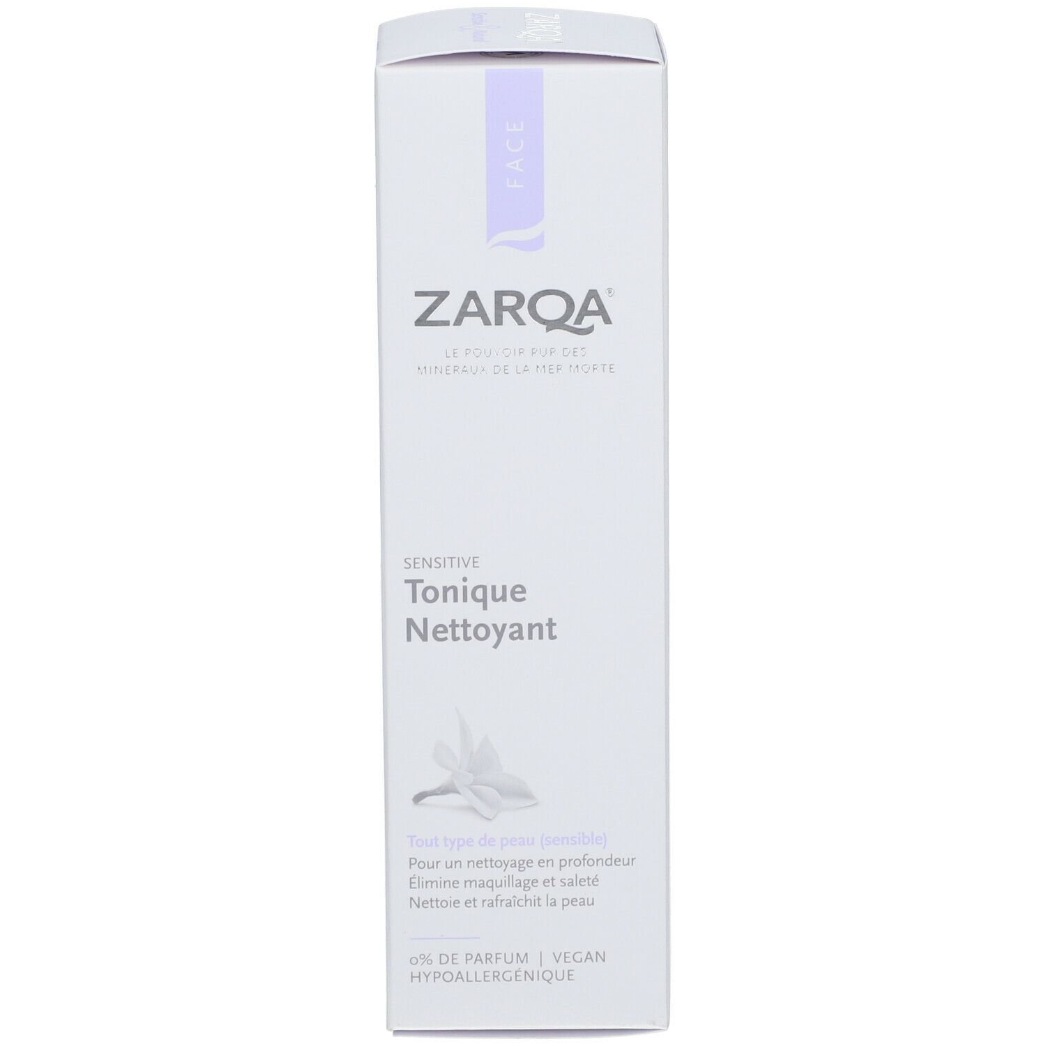ZARQA Sensitive Reinigungstonic. Emballage blanc avec accent violet. Texte: Sensitive, Tonique Nettoyant, Face.
