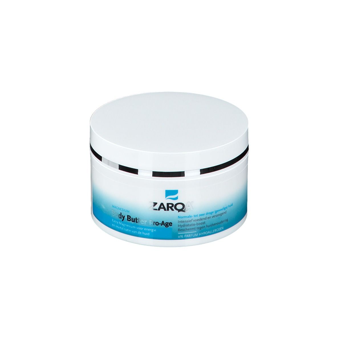 Weißes Tiegel mit blauem Etikett. Aufschrift: ZARQA Body Butter Pro-Age.