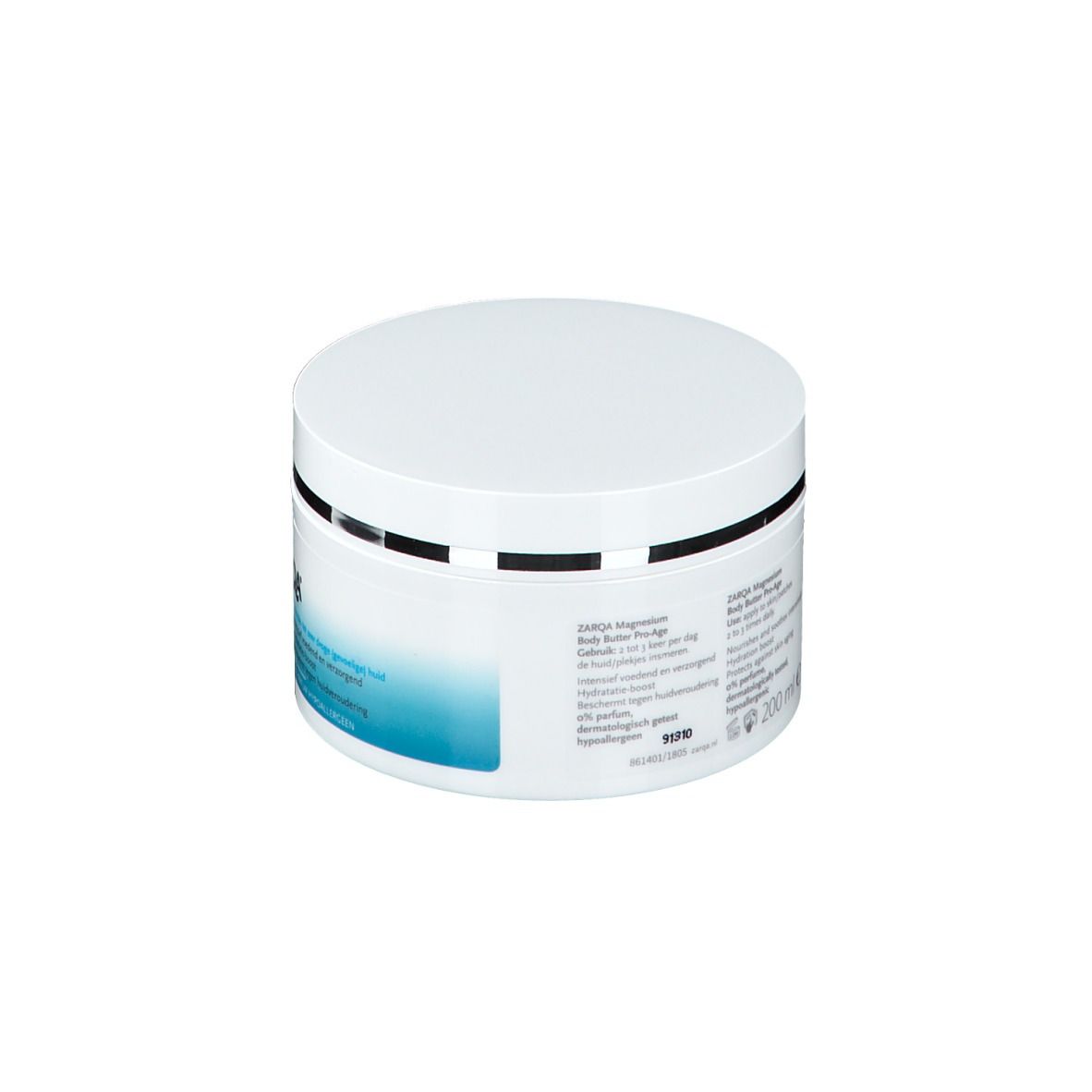 Weißer Tiegel mit blauem Etikett. Text auf Deutsch. Aufschrift: ZARQA Body Butter Pro-Age.
