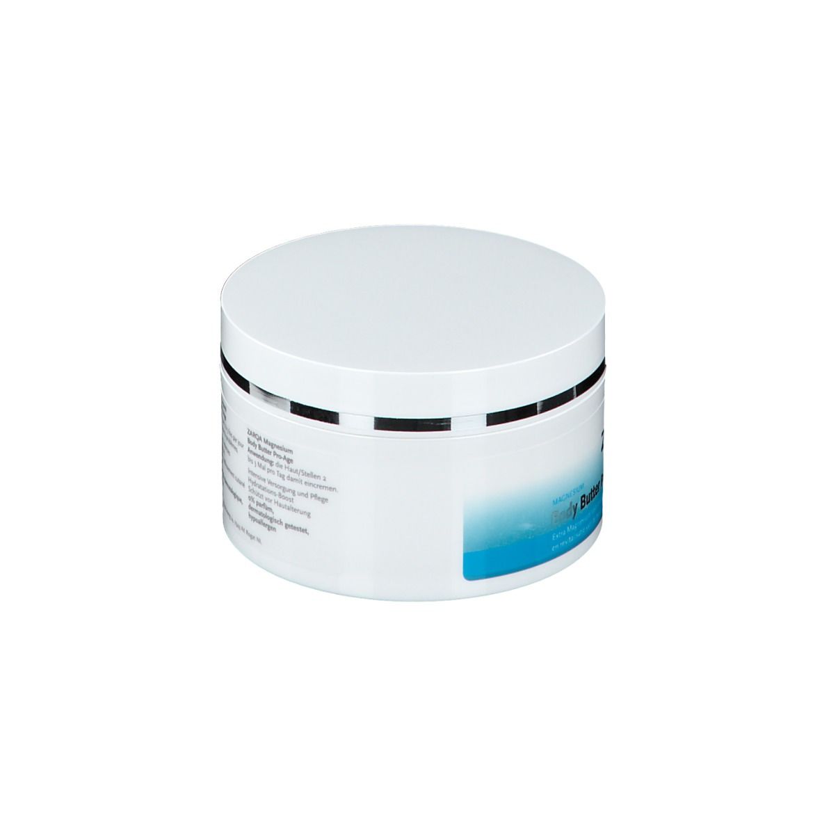 Weißer Tiegel mit blauem Etikett. Aufschrift: ZARQA Body Butter Pro-Age.