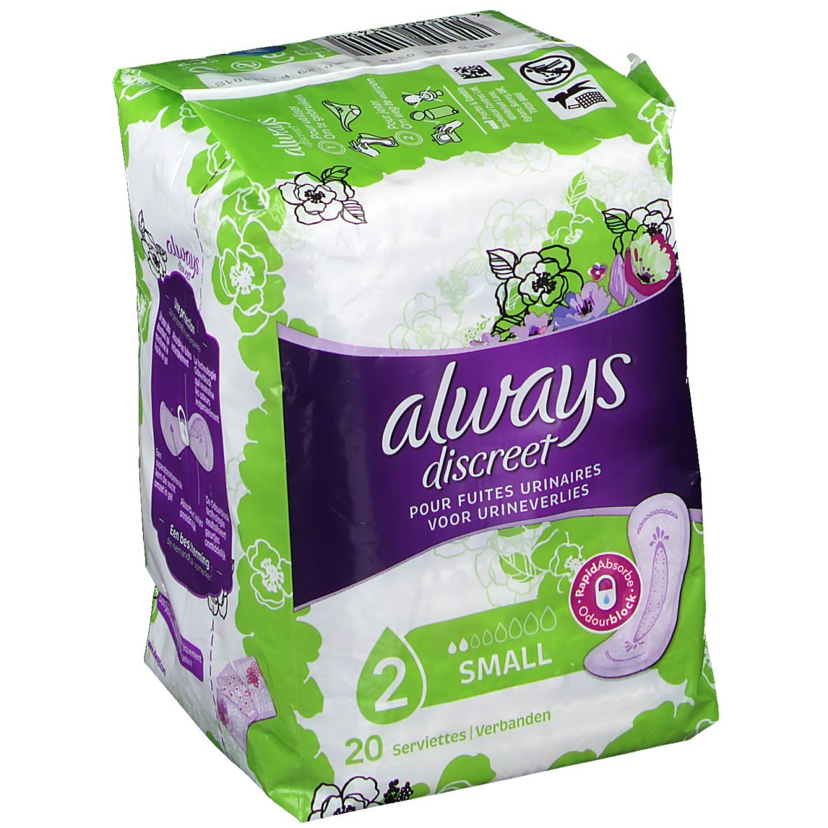 Verpackung von Always Discreet Inkontinenzeinlagen Small plus. Grün-weißes Design mit Produktlogo und Produktabbildung.
