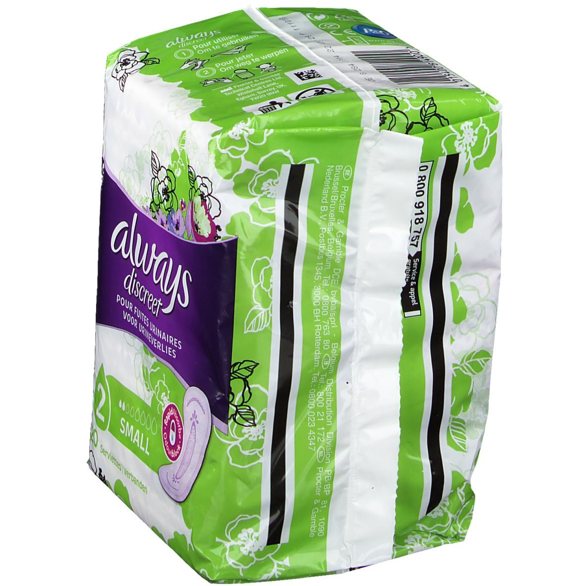 Verpackung von Always Discreet Inkontinenzeinlagen Small plus. Seitenansicht mit grün-weißem Design und Produktlogo.