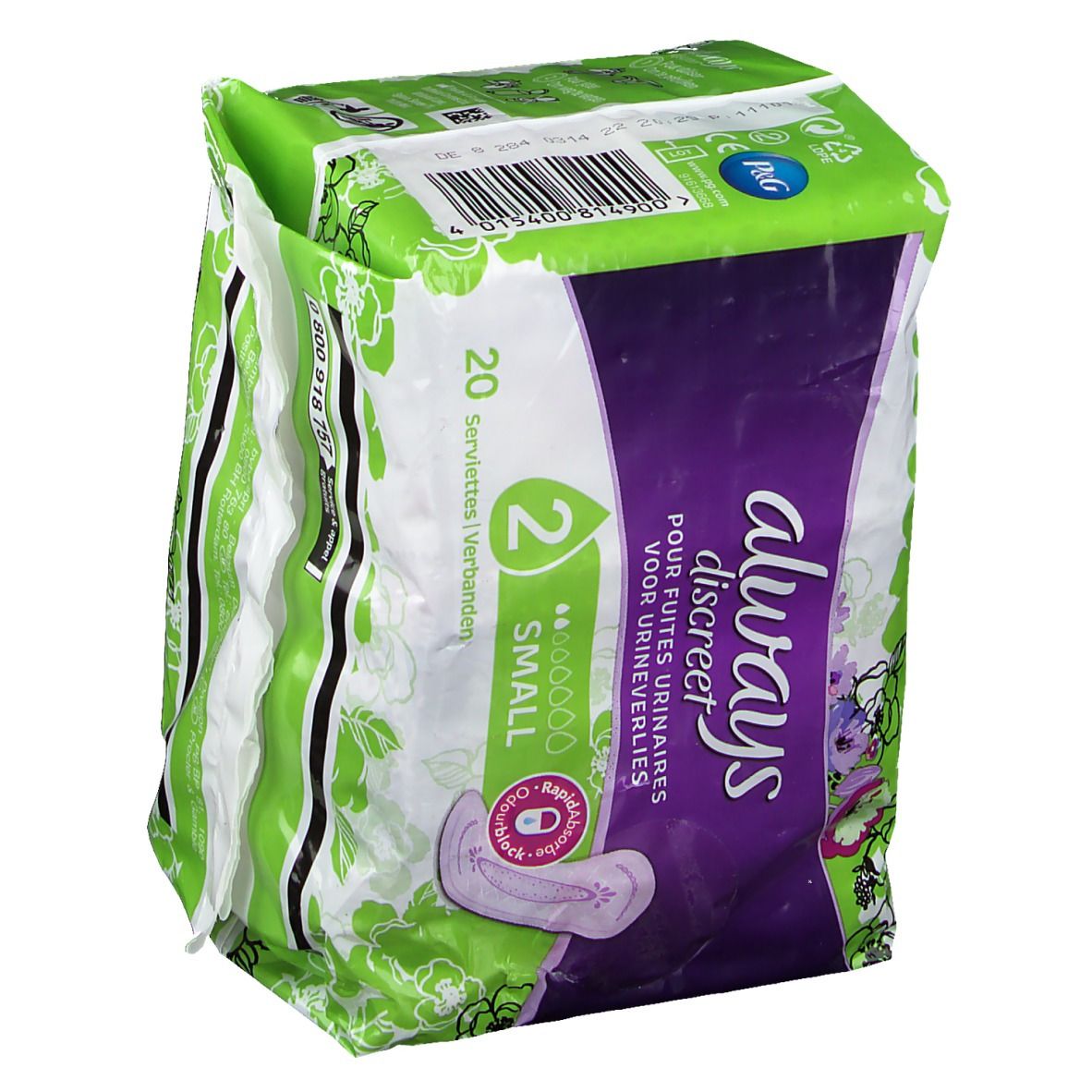 Verpackung von Always Discreet Inkontinenzeinlagen Small plus. Ansicht mit Produktlogo, Produktabbildung und grüner Verpackung.