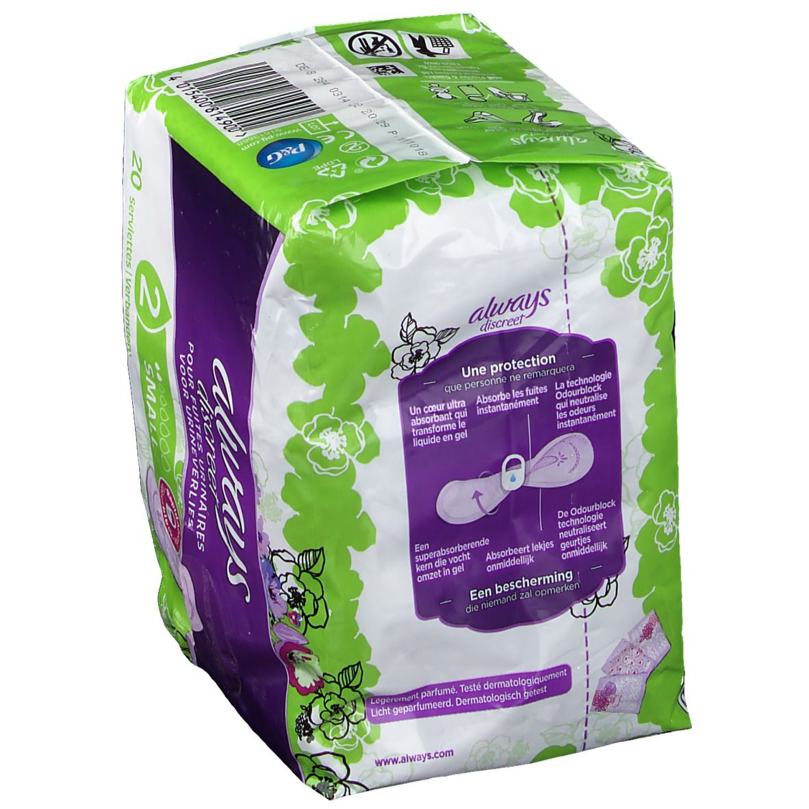 Rückseite der Always Discreet Inkontinenzeinlagen Small plus Verpackung. Textinformationen und Produktabbildung.