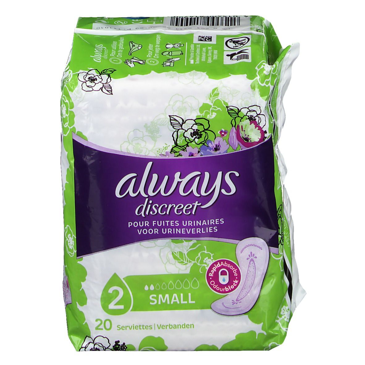 Verpackung von Always Discreet Inkontinenzeinlagen Small plus. Ansicht mit Produktlogo, Produktabbildung und grüner Verpackung.