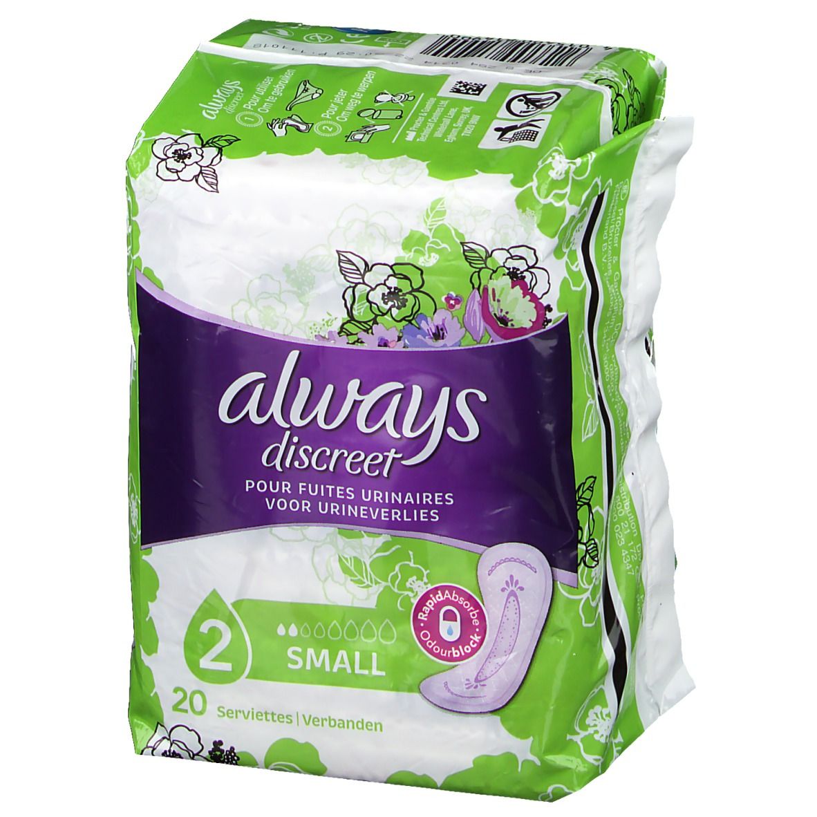 Verpackung von Always Discreet Inkontinenzeinlagen Small plus. Ansicht mit Produktlogo, Produktabbildung und grüner Verpackung.