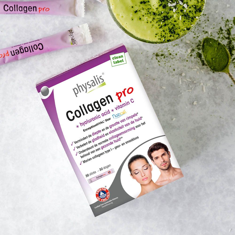 Physalis Collagen Pro Verpackung. Enthält Hyaluronsäure und Vitamin C. 30 Sticks. Text in Deutsch.