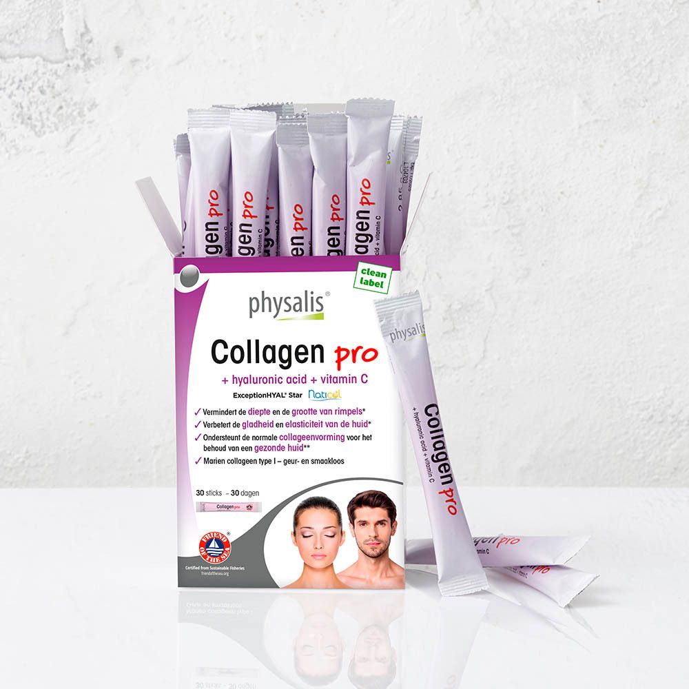 Boîte ouverte de Physalis Collagen Pro avec 30 sticks. Inscription: Acide hyaluronique + vitamine C. Avec illustration de personnes.
