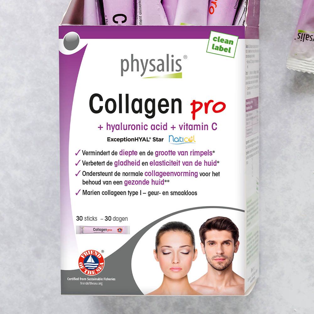 Physalis Collagen Pro Verpackung. Enthält Hyaluronsäure und Vitamin C. 30 Sticks. Text in Deutsch.