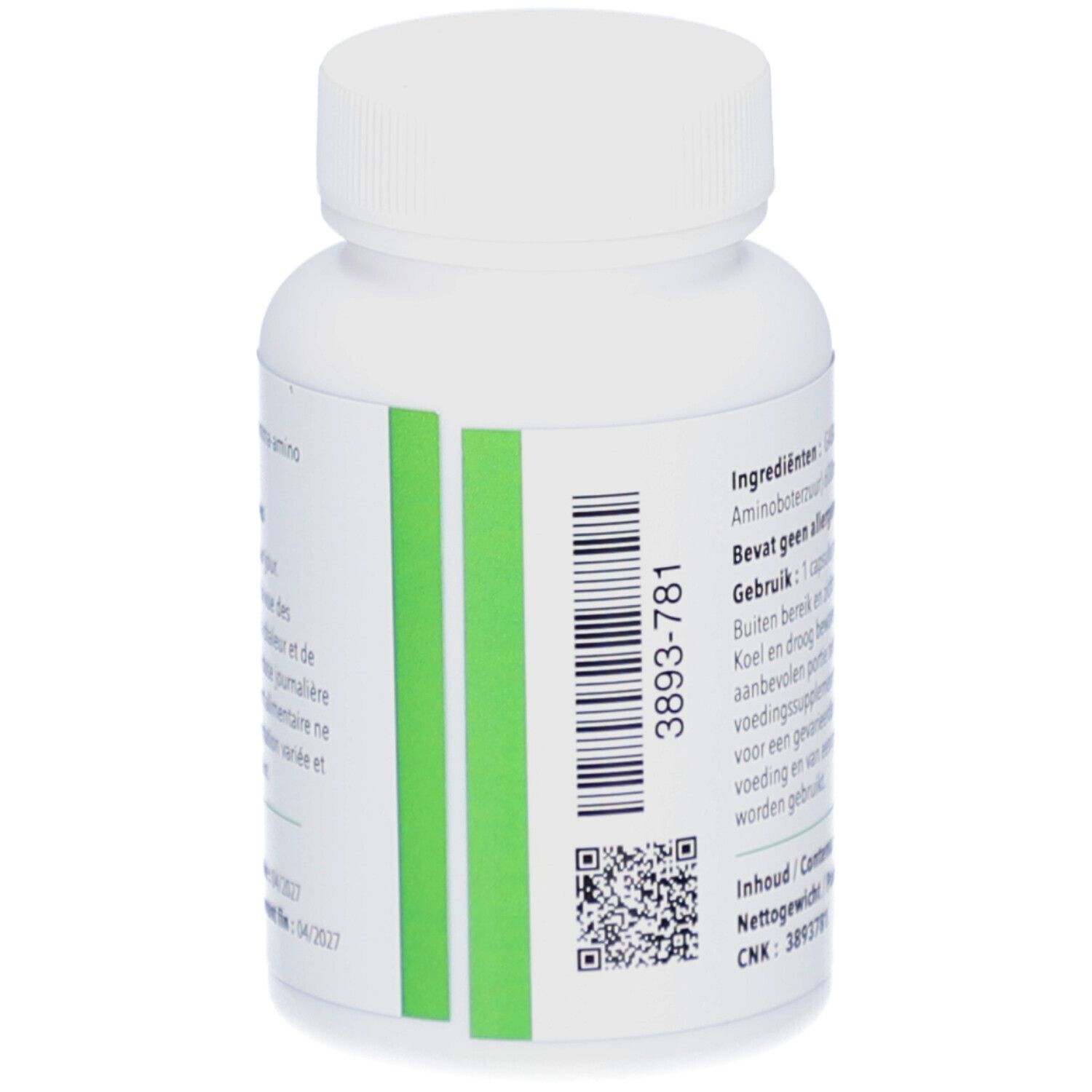 Rückseite einer weißen Flasche mit grünem Streifen. Barcode und QR-Code. Enthält Nahrungsergänzungsmittel.