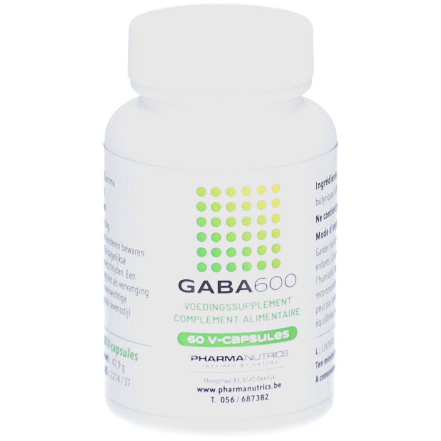 Weiße Flasche mit grünem Etikett. Aufschrift: GABA600, 60 V-Kapseln, PharmaNutrics. Enthält Nahrungsergänzungsmittel.