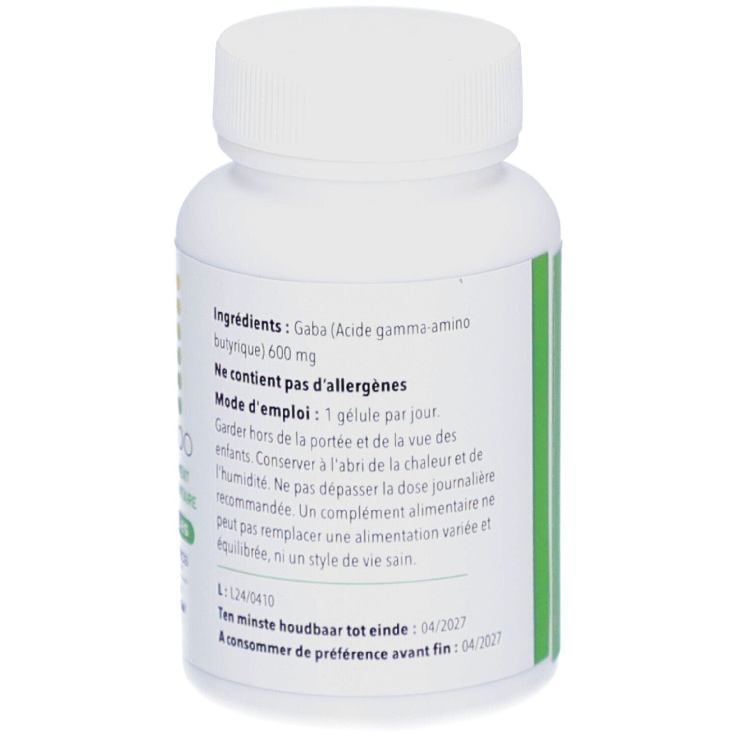 Rückseite einer weißen Flasche mit grünem Etikett. Aufschrift: GABA, 600 mg. Enthält Nahrungsergänzungsmittel.