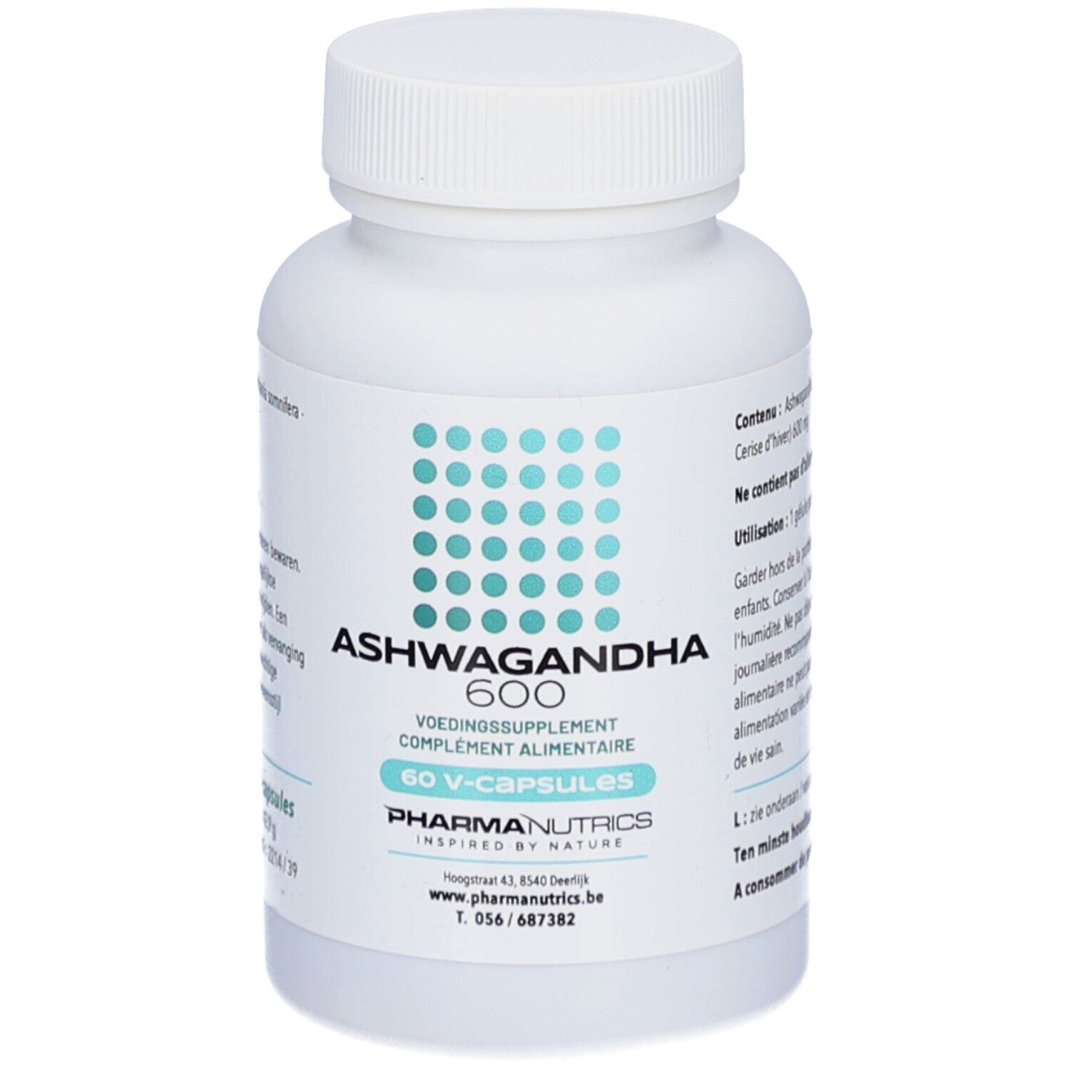 Weiße Flasche mit Kapseln. Aufschrift: Ashwagandha 600, 60 V-Kapseln. Marke: PharmaNutrics.