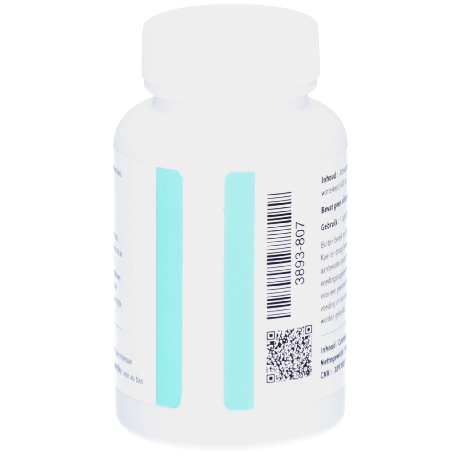 Rückseite der weißen Flasche. Barcode und QR-Code auf einem hellblauen Streifen.