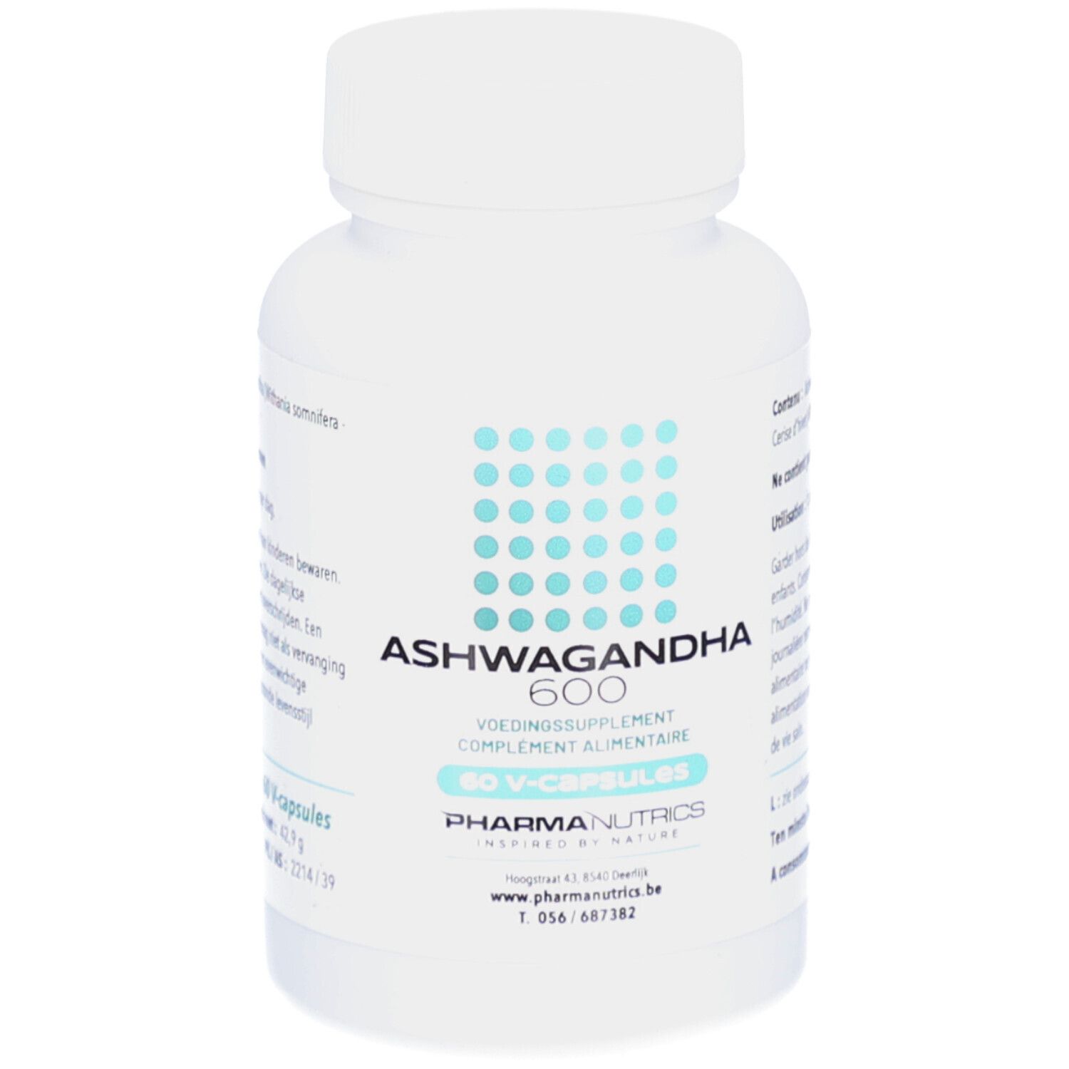 Weiße Flasche mit Kapseln. Aufschrift: Ashwagandha 600, 60 V-Kapseln. Marke: PharmaNutrics.