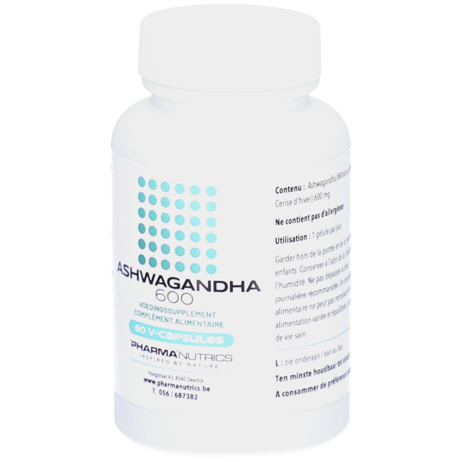 Weiße Flasche mit Kapseln. Aufschrift: Ashwagandha 600, 60 V-Kapseln. Marke: PharmaNutrics.