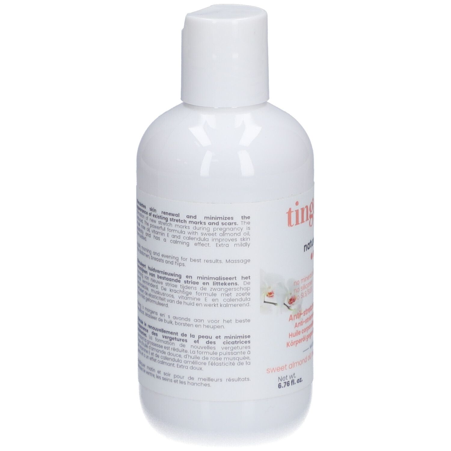 Rückseite einer weißen Flasche mit Anti-Dehnungsstreifen-Öl, 200 ml.