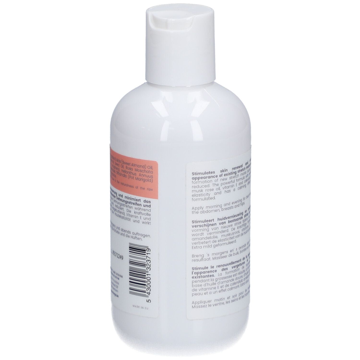Weiße Flasche mit Anti-Dehnungsstreifen-Öl, 200 ml, mit Anwendungshinweisen.