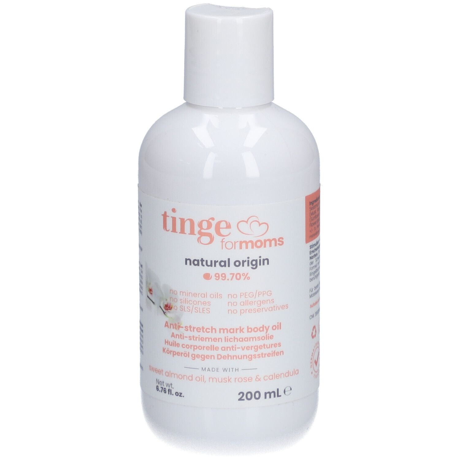 Weiße Flasche mit Anti-Dehnungsstreifen-Öl, 200 ml, mit Siegeln und Zertifikaten.